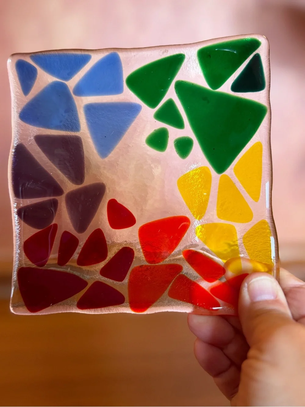 Handmade Fused Glass Mosaic Square Trinket Dish 5.5” Rainbow Colorful Art Deco